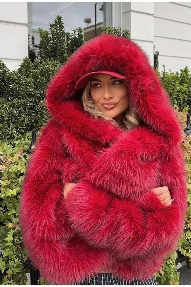 Eco Fur Fox Trim Hooded Thick Warm Chic Christmas Outerwear