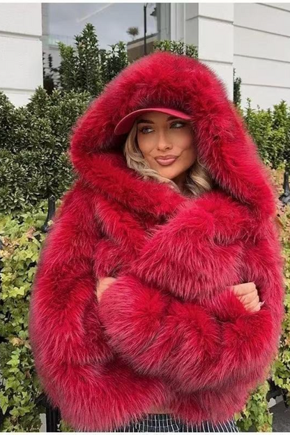 Eco Fur Fox Trim Hooded Thick Warm Chic Christmas Outerwear