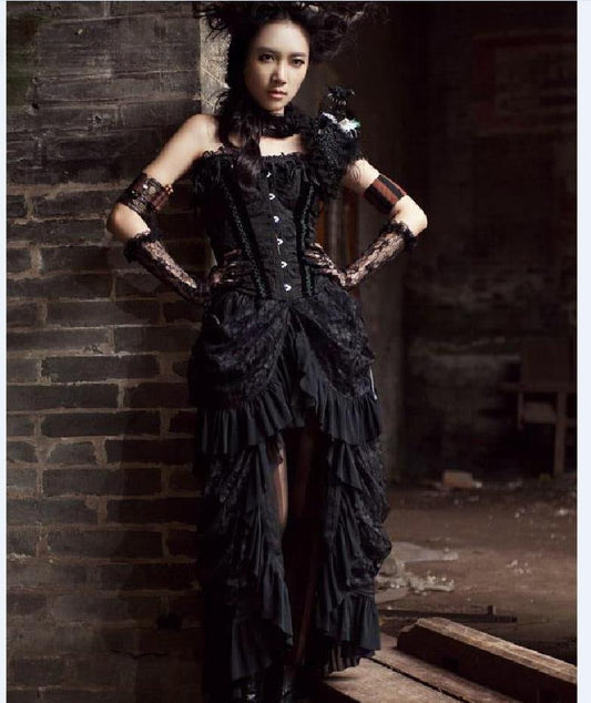 New Women Victorian Lace Up SteamGothic Goth Long Ruffle Dress Skirt