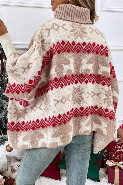 Christmas Moose High Neck Contrast Batwing Sleeve Sweater