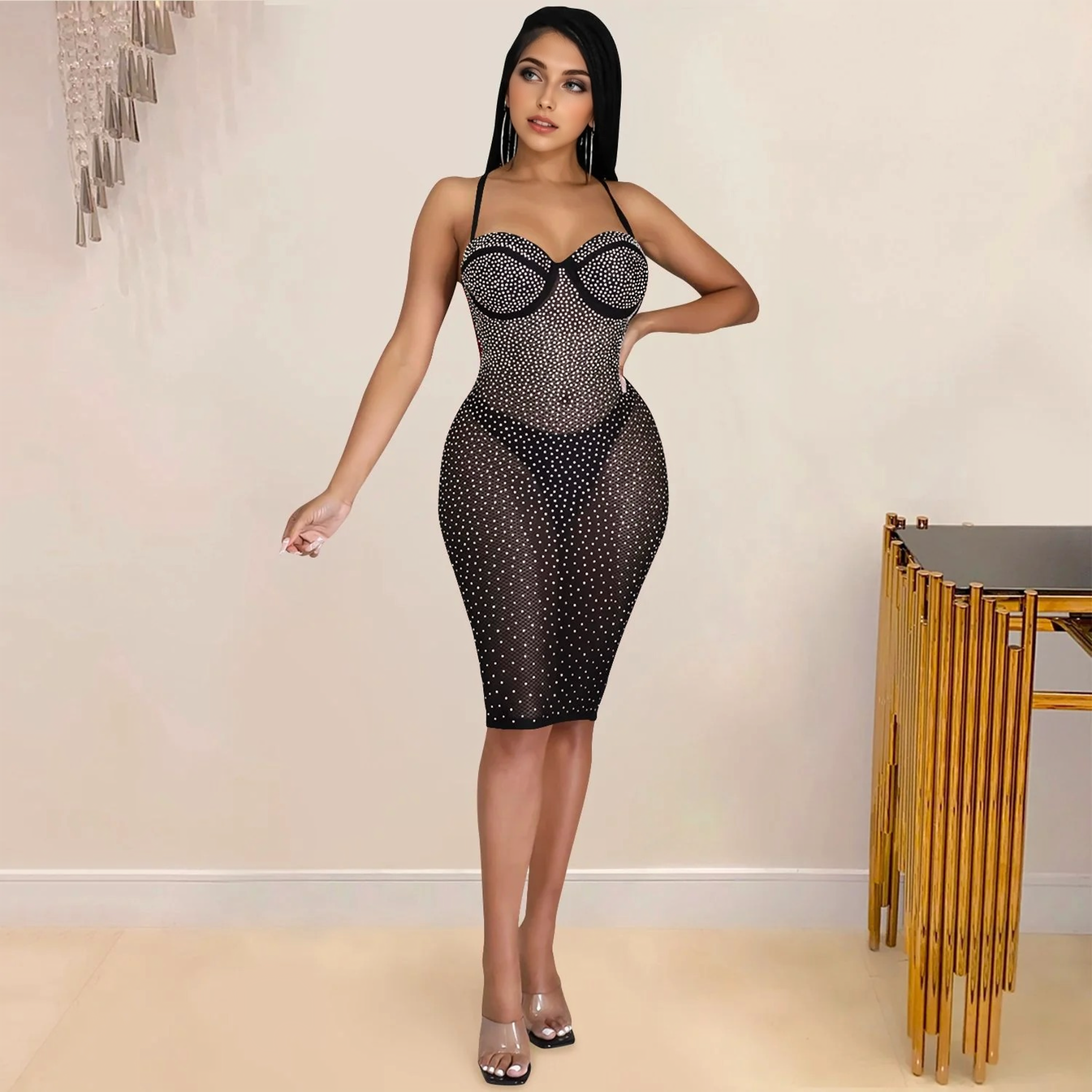 Julia Fashion - Sexy Halter Mesh See Though Party Midi Dress