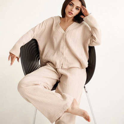 JuliaFashion-Cotton Linen Solid Single Breasted Long Sleeve Pijama Suit