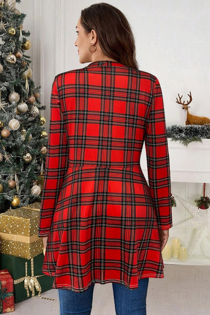 Red Plaid Open Front Christmas Outerwear