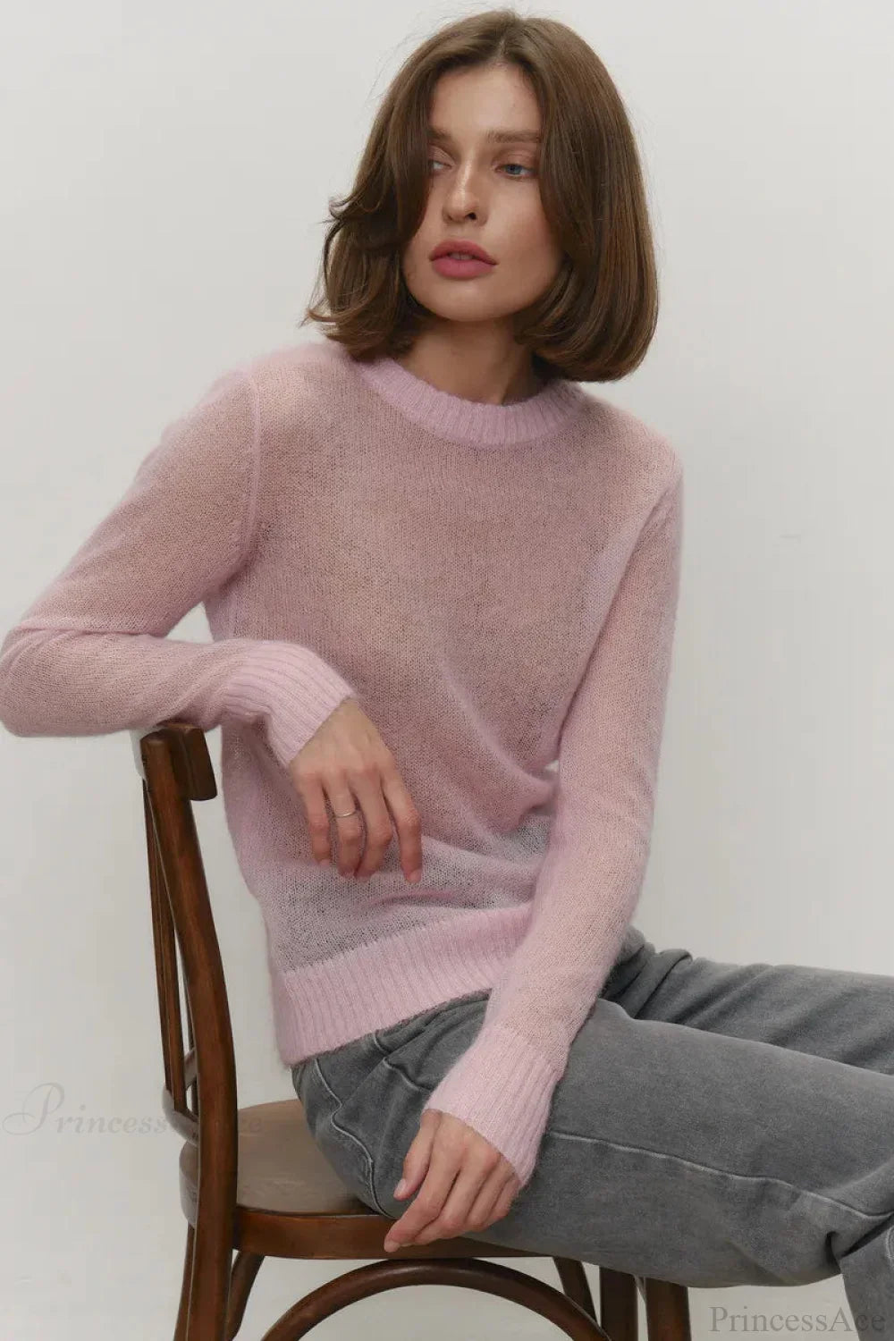 Candy Color Sheer Crew Neck Knit Sweater Pink / S