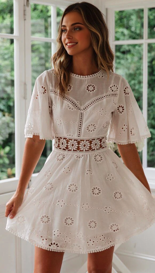 JuliaFashion - 2024 White Lace Floral Embroidery Short Sleeve Mini Dress