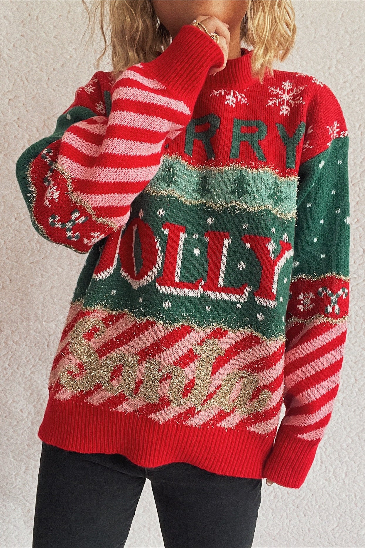 Christmas Cozy Color Block Stripe Polka Dot Sweater