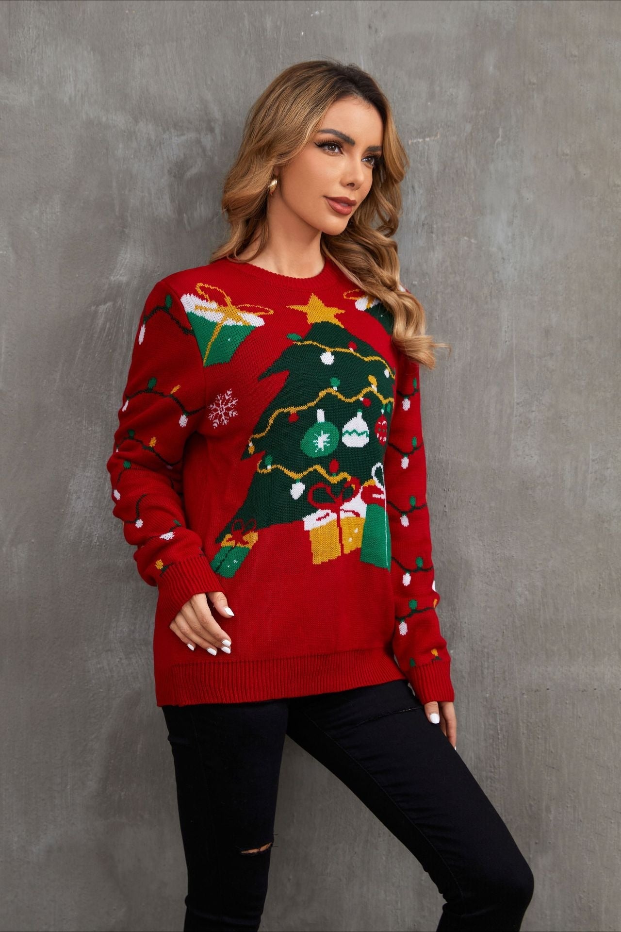 Christmas Cozy Color Block Xmas Tree Print Sweater