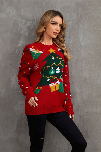 Christmas Cozy Color Block Xmas Tree Print Sweater