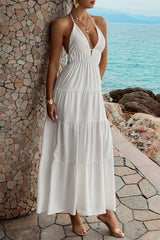 Halter Deep V Tiered Vacation Dress