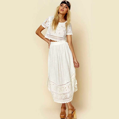 JuliaFashion - 2024 White Floral Embroidery Split Side 2pcs Summer Dress