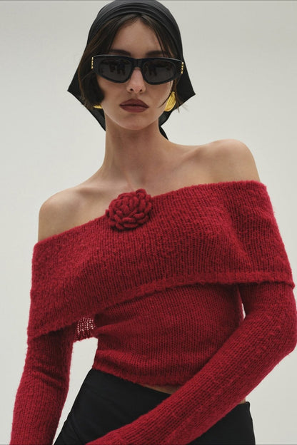 3D Floral Off-Shoulder Fitted Knitted Long Sleeve Tee