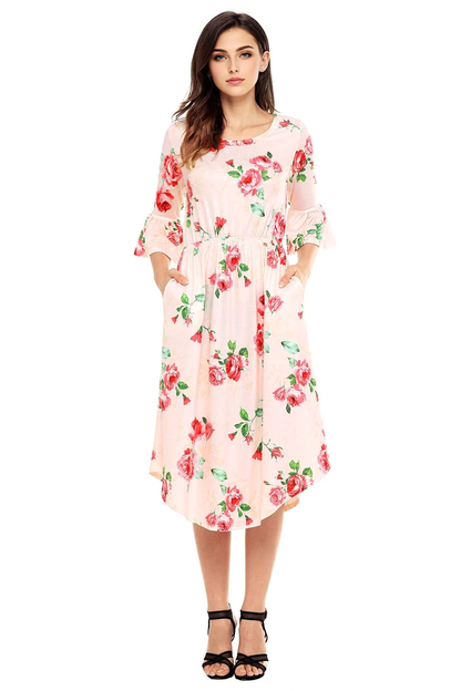 JuliaFashion-Find Me Floral Print Bell Sleeve Midi Dress