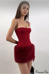 Color Block Faux Fur Spaghetti Strap Corset Party Dress