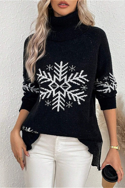 Solid Color Turtleneck Christmas Snowflake Print Sweater