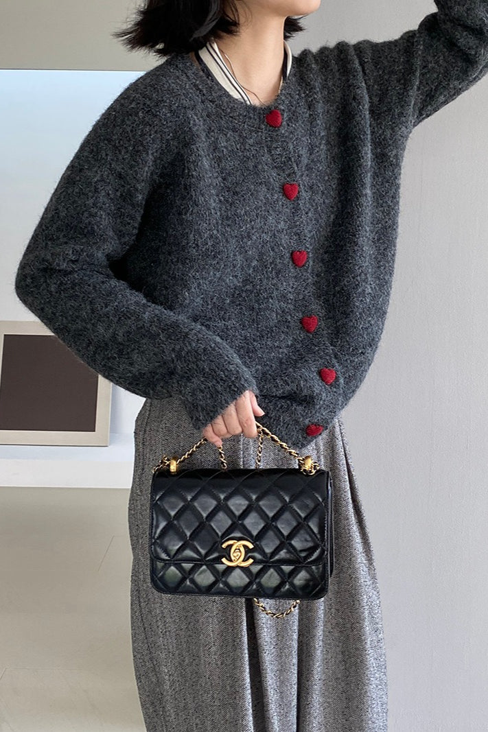 Oversized Heart Button Round Neck Christmas Cardigan