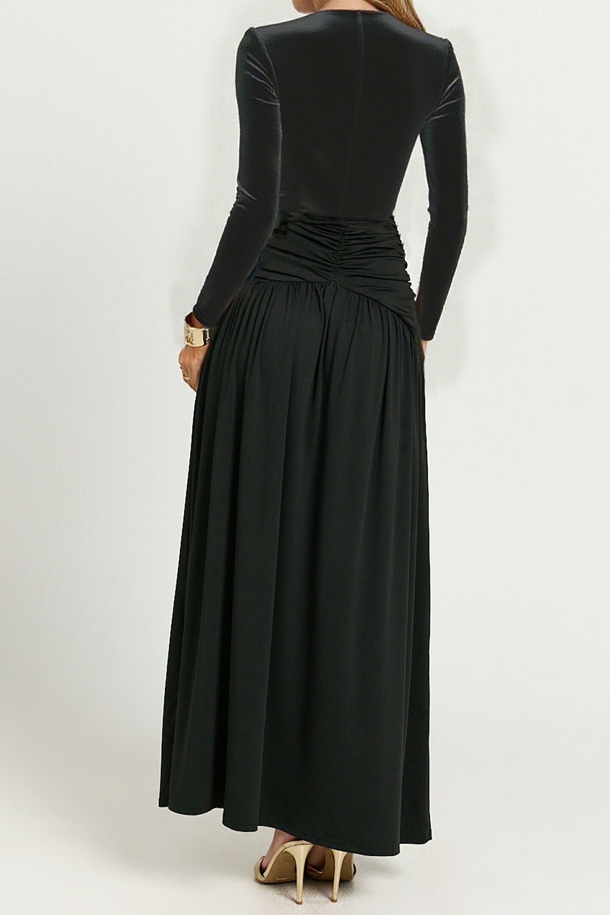 Deep V Ruched Long Sleeve Slit Fitted Waist Maxi Dress