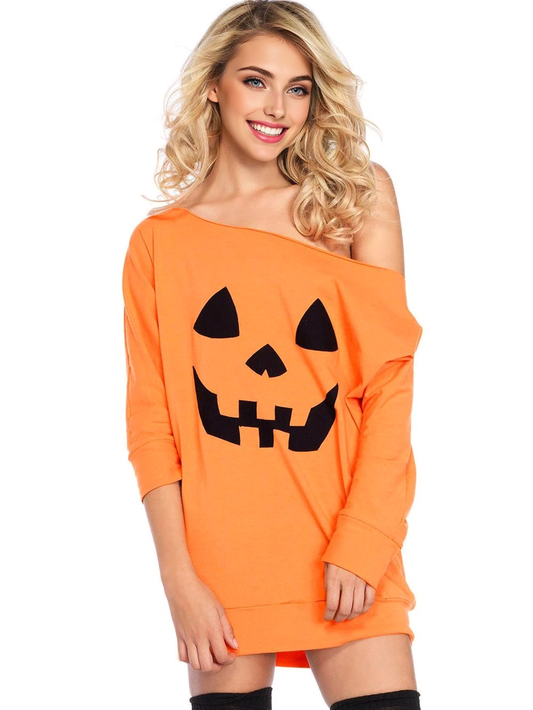 JuliaFashion - 2024 Trick Or Treat Pumpkin Print Cold Shoulder Mini Dress