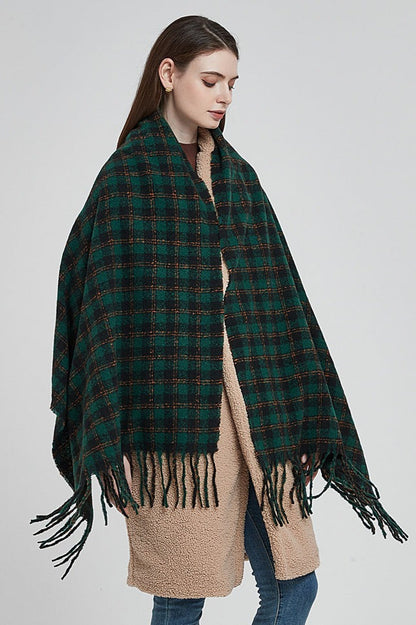 Oversized Fringe Plaid Christmas Scarf