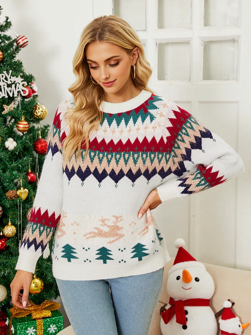 JuliaFashion-Christmas Sweater Round Neck Tops Women Clothing 2024 Winter New Deer Jacquard Pullover