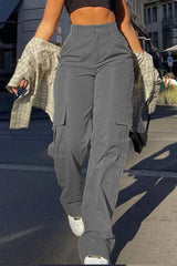 Street Style High Waist Multi Pocket Cargo Straight Loose Pants