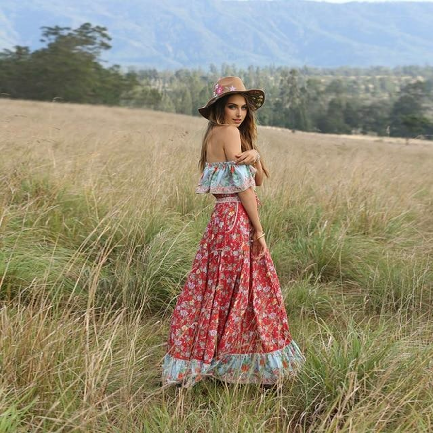 JuliaFashion-Boho Vintage Ruffle Slash Neck Summer Dress