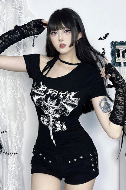 Gothic One Shoulder Print T-Shirt