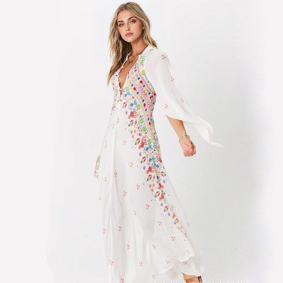 JuliaFashion-Floral Vibes V-Neck Irregular Maxi Dress