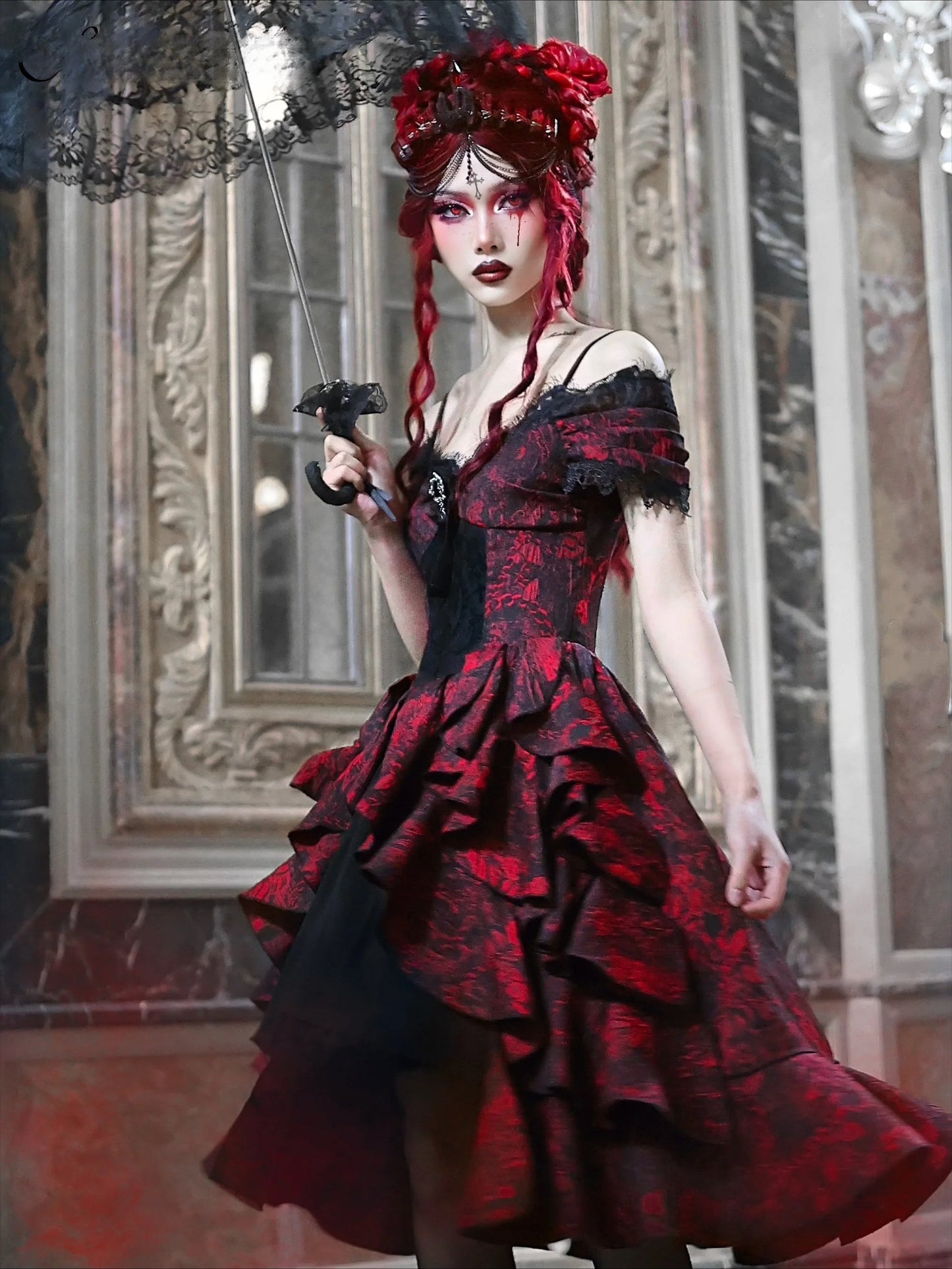 Japanese Gothic Style Red Black Halloween Off-Shoulder Court Wave Autumn Dark High-Waist Lolita Party Outfit