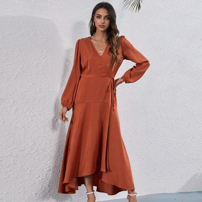 Julia Fashion - Satin V-Neck Tie Long Dress