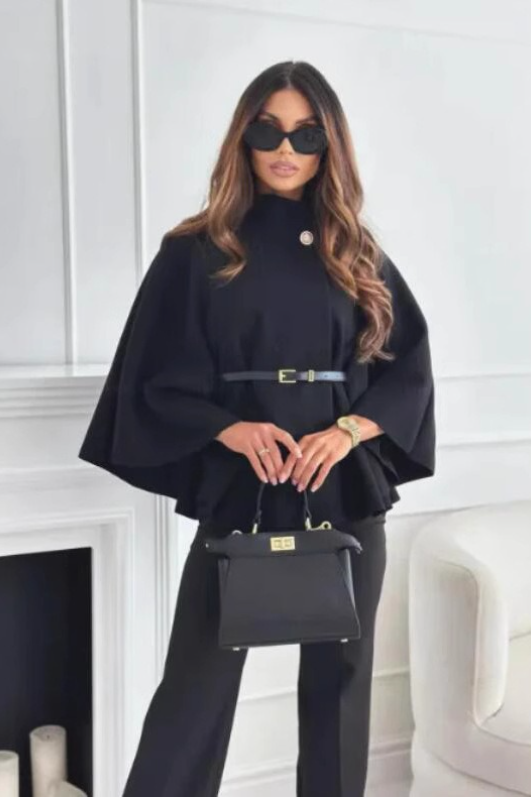 Solid Waist Tie Elegant Chic Wool Cape Christmas Outerwear