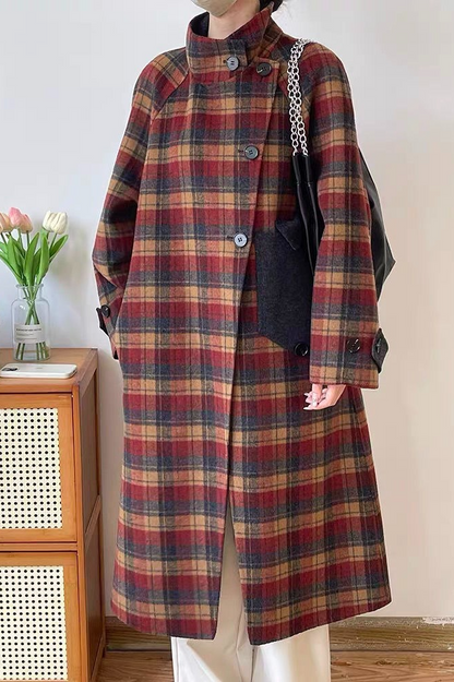 Plaid Wool Blend Stand Collar Mid-Length Christmas Outerwear