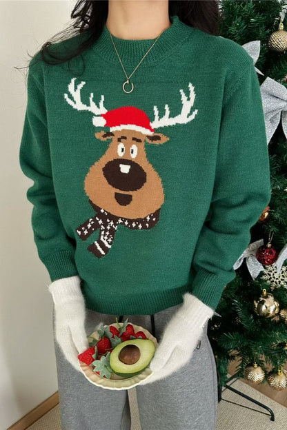 Christmas Crew Neck Color Block Christmas Deer Sweater