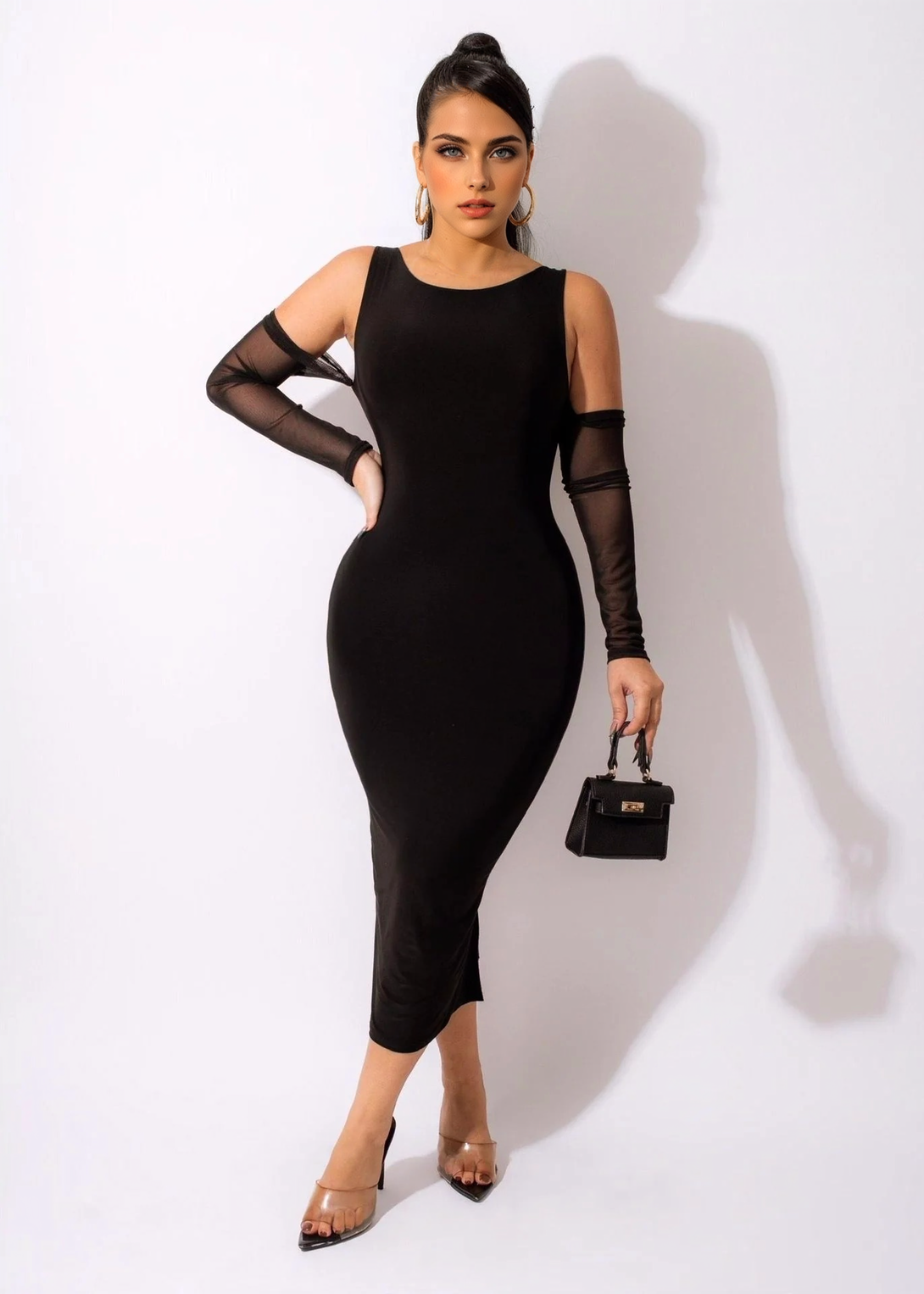 Julia Fashion - Sexy Off Shoulder Mesh Long Sleeve Bodycon Midi Dress