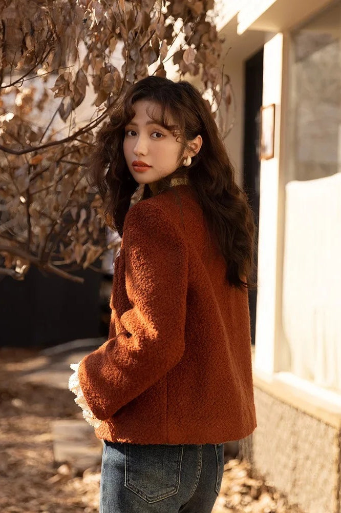 Retro Lace Splicing Wool Christmas Outerwear