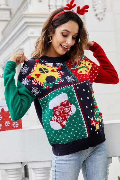 Christmas 3D Pom Pom Polka Dot Contrast Sweater