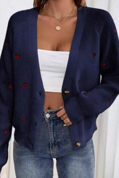 Heart Embroidery V Neck Christmas Cardigan