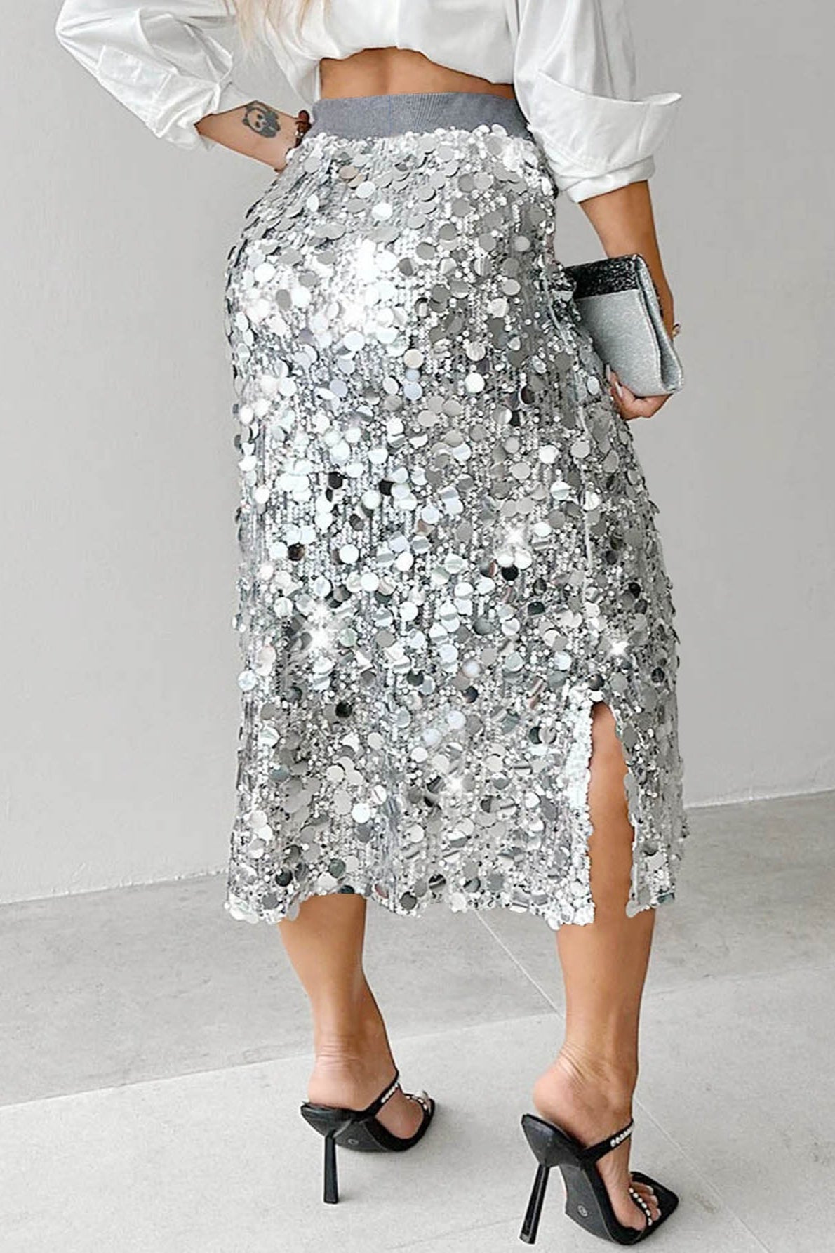 Solid Sequin High Waist Midi Christmas Skirt
