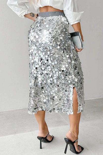 Solid Sequin High Waist Midi Christmas Skirt