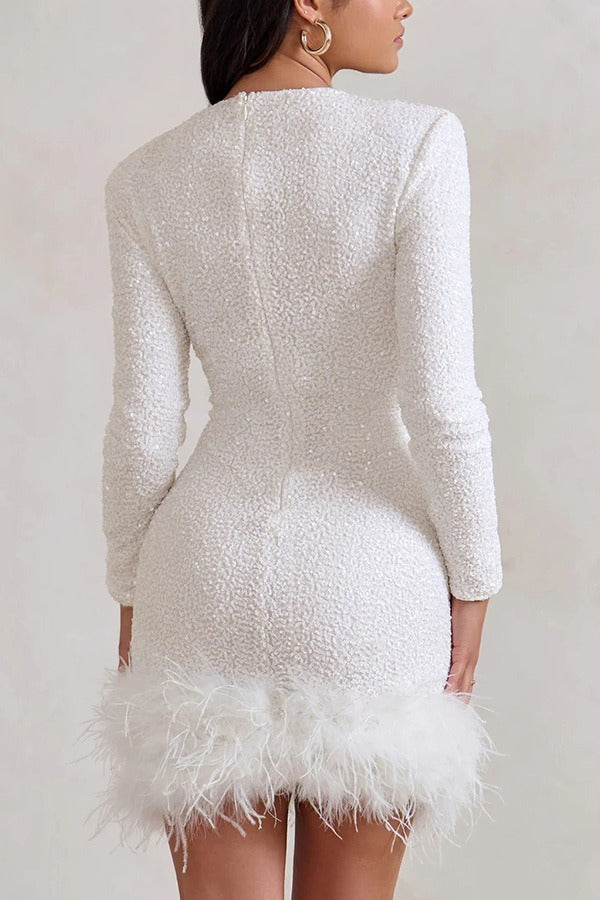Chic Long Sleeve Crew Neck Solid Sequin Feather Sequin Dress