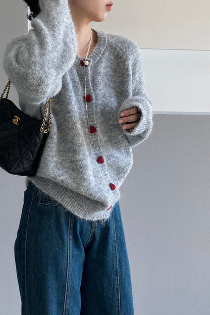 Oversized Heart Button Round Neck Christmas Cardigan