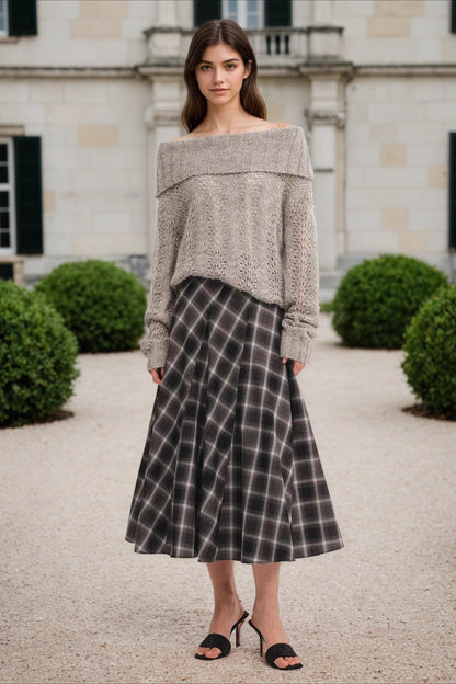 Wool Plaid Waist Defined A-Line Christmas Skirt