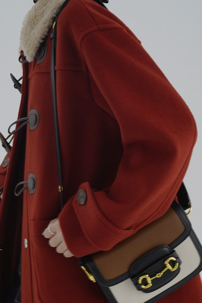 Vintage Horn Button Shearling Collar Red Christmas Outerwear