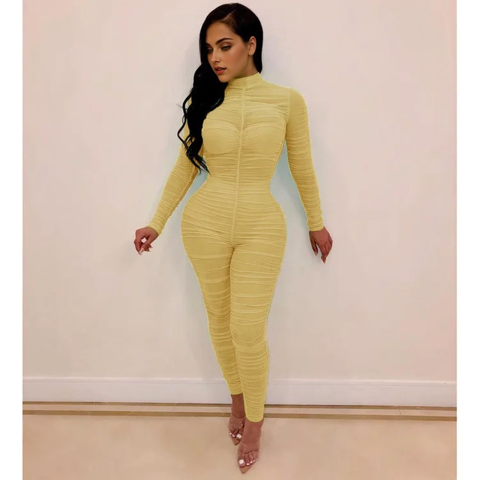 JuliaFashion - Sheer Mesh Ruched Long Sleeve Sexy Jumpsuits