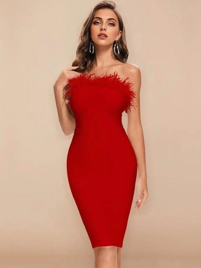 JuliaFashion - 2024 Sexy Bodycon Red High Feathers Club Dresses