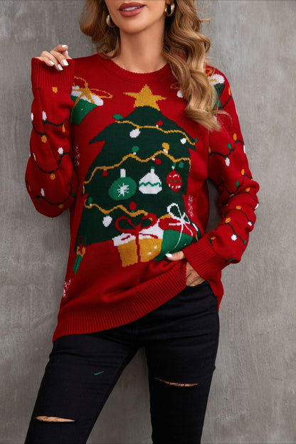 Christmas Cozy Color Block Xmas Tree Print Sweater