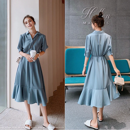 Julia Fashion - Blue Lapel Summer Dress