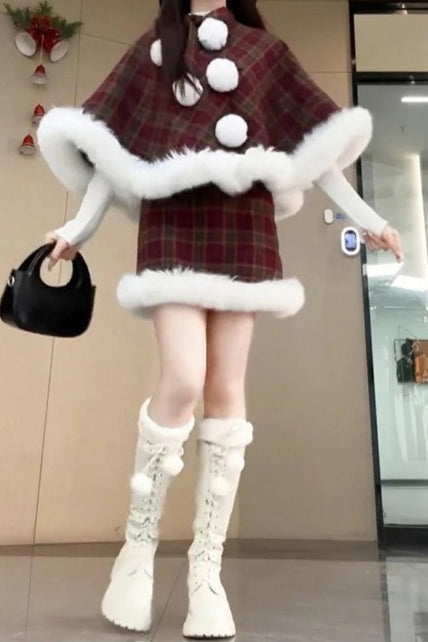 Plaid Cape Cloak Hooded Christmas Outerwear