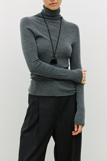 Solid Color Washable Wool Turtleneck Long Sleeve Tee