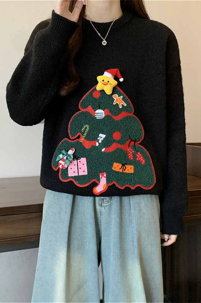 Christmas 3D Pom Pom Christmas Tree Print Sweater