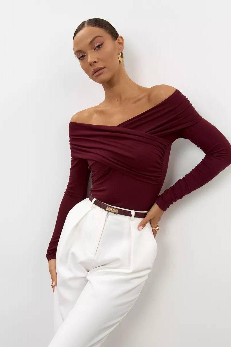 Ruched Cross Slim Bare-Shoulder Long Sleeve Tee